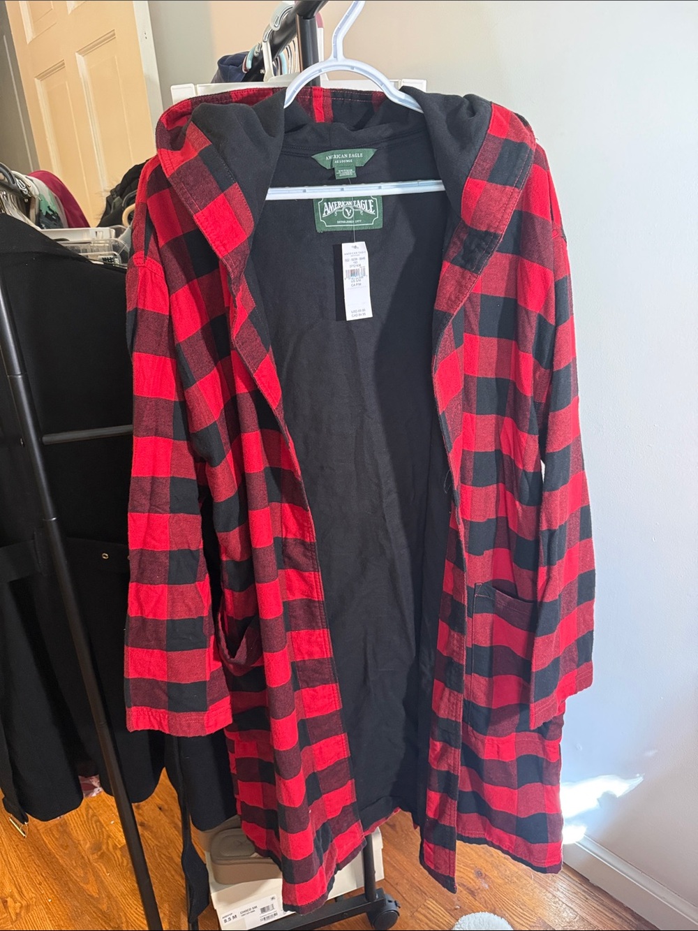 American Eagle Red & Black Buffalo Plaid Hooded robe - missing waist tie